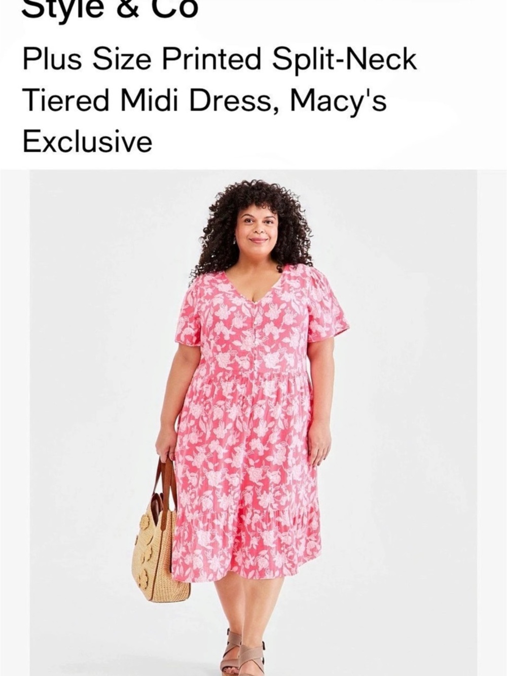 Style & Co Plus Size Printed Split-Neck Tiered Midi Dress New